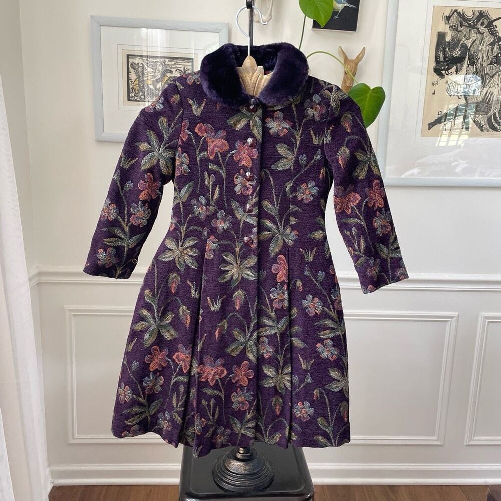 Rothschild Girls Purple Tapestry Jacquard Dress Coat Faux Fur Collar 6X
